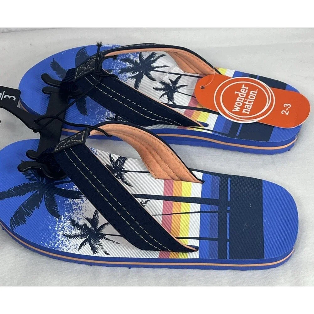 Wonder Nation Palm Tree Design Flip Flops Unisex Boys Girls Blue Size 6 NEW